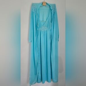 Glencraft Lingerie Vintage Sky Blue Floral Soft Long Nightgown Dress Robe Medium